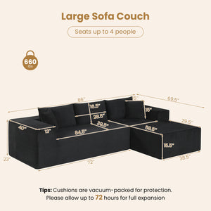 Modular Sectional Sofa Corduroy Upholstered L-shaped Sofa Couch with Deep Seats-Black