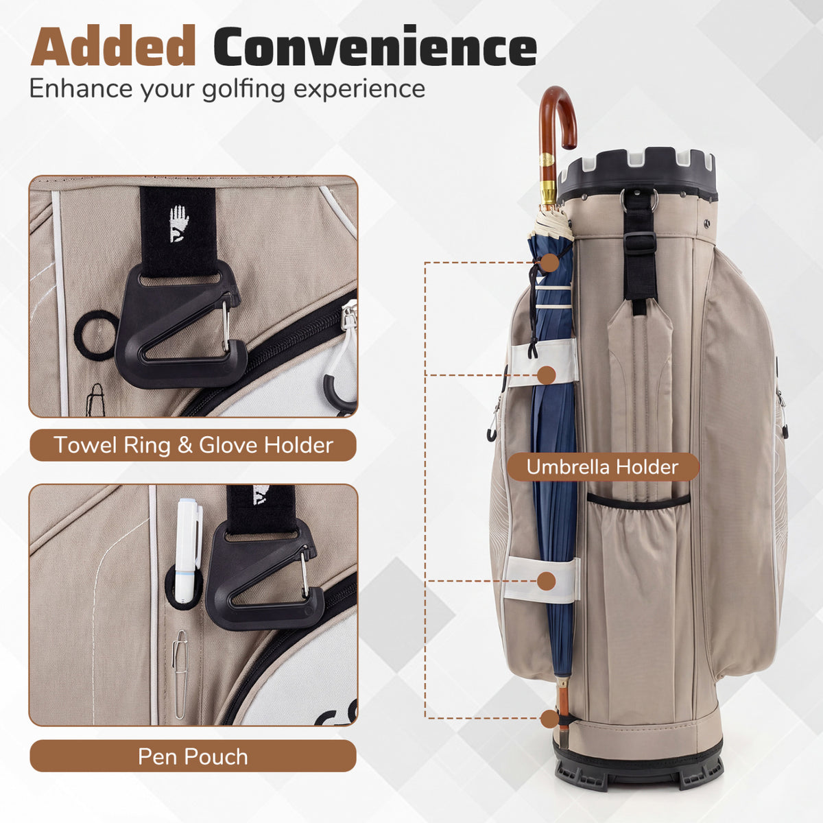Molded Lock Top Golf Cart Bag with 14-Way Full Length Dividers and 11 Pockets-Khaki