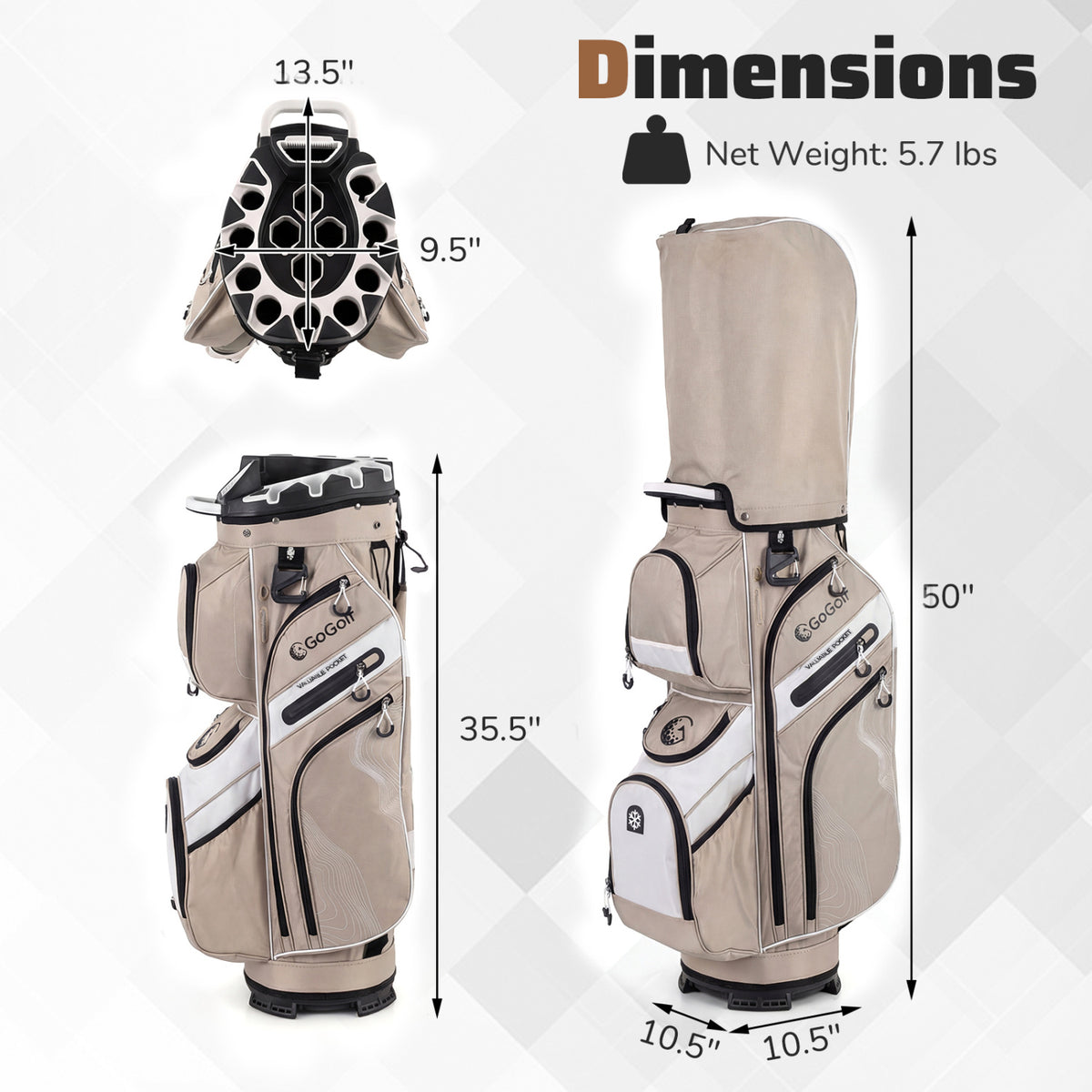 Molded Lock Top Golf Cart Bag with 14-Way Full Length Dividers and 11 Pockets-Khaki