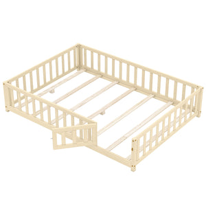 Montessori Bed Frame with Full-length Guardrails Safety Door and Latch-Natural