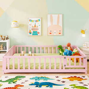 Montessori Bed Frame with Full-length Guardrails Safety Door and Latch-Pink
