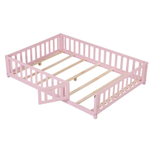 Montessori Bed Frame with Full-length Guardrails Safety Door and Latch-Pink