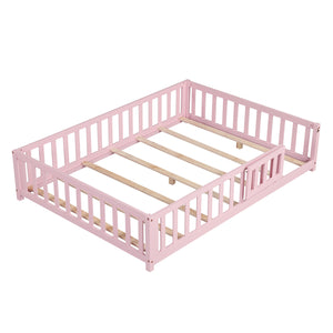 Montessori Bed Frame with Full-length Guardrails Safety Door and Latch-Pink