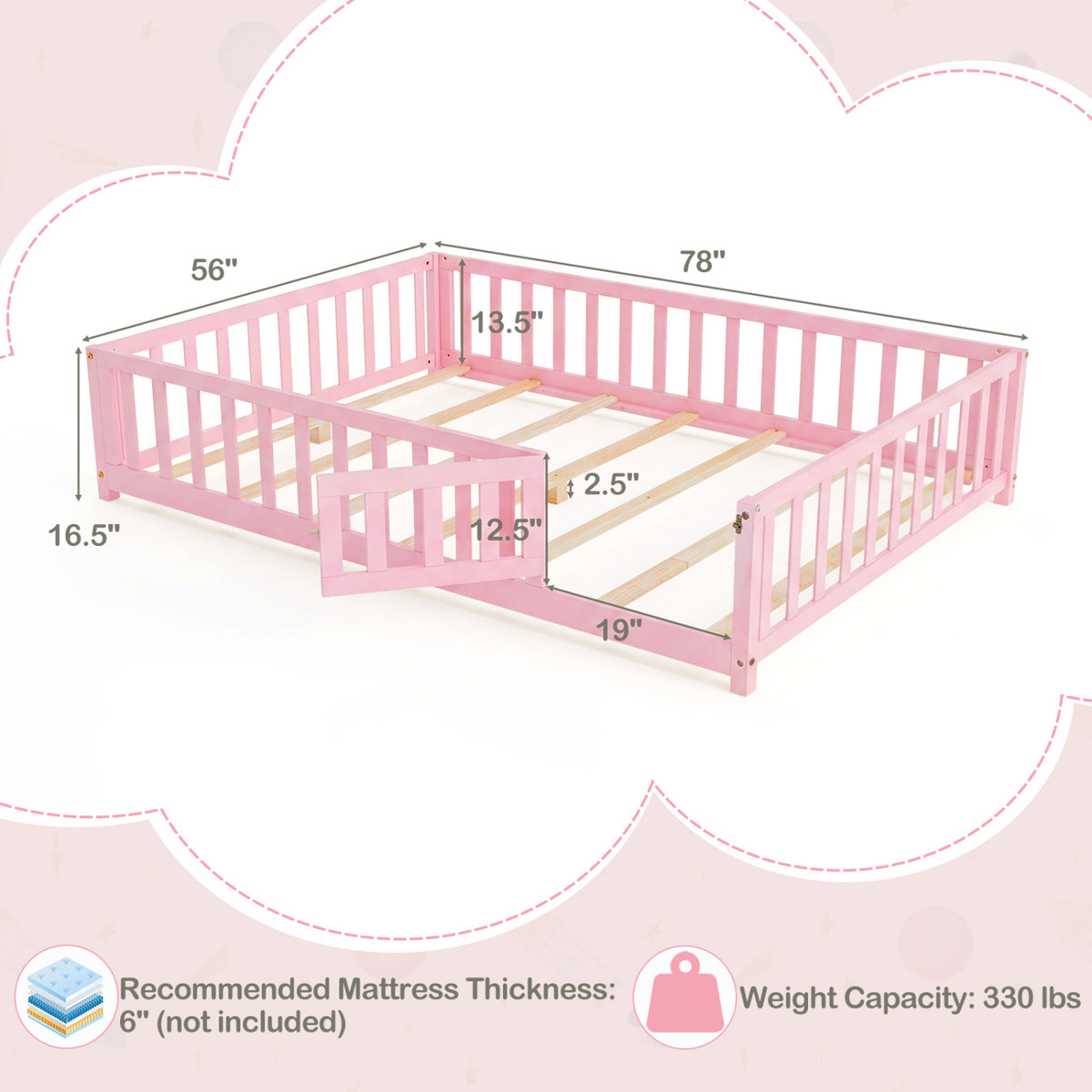 Montessori Bed Frame with Full-length Guardrails Safety Door and Latch-Pink