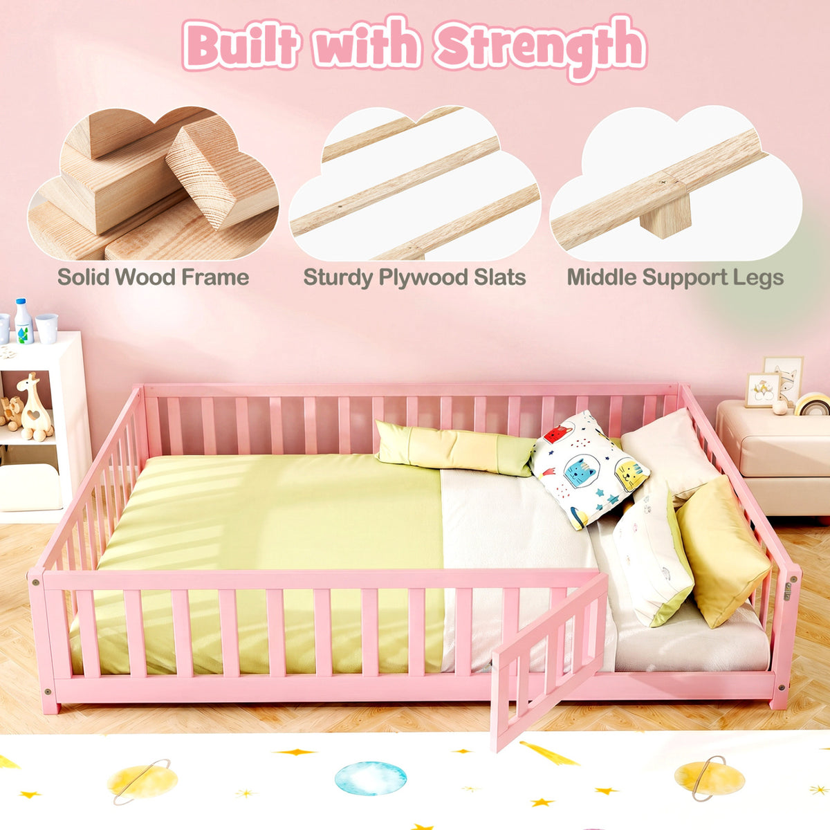 Montessori Bed Frame with Full-length Guardrails Safety Door and Latch-Pink