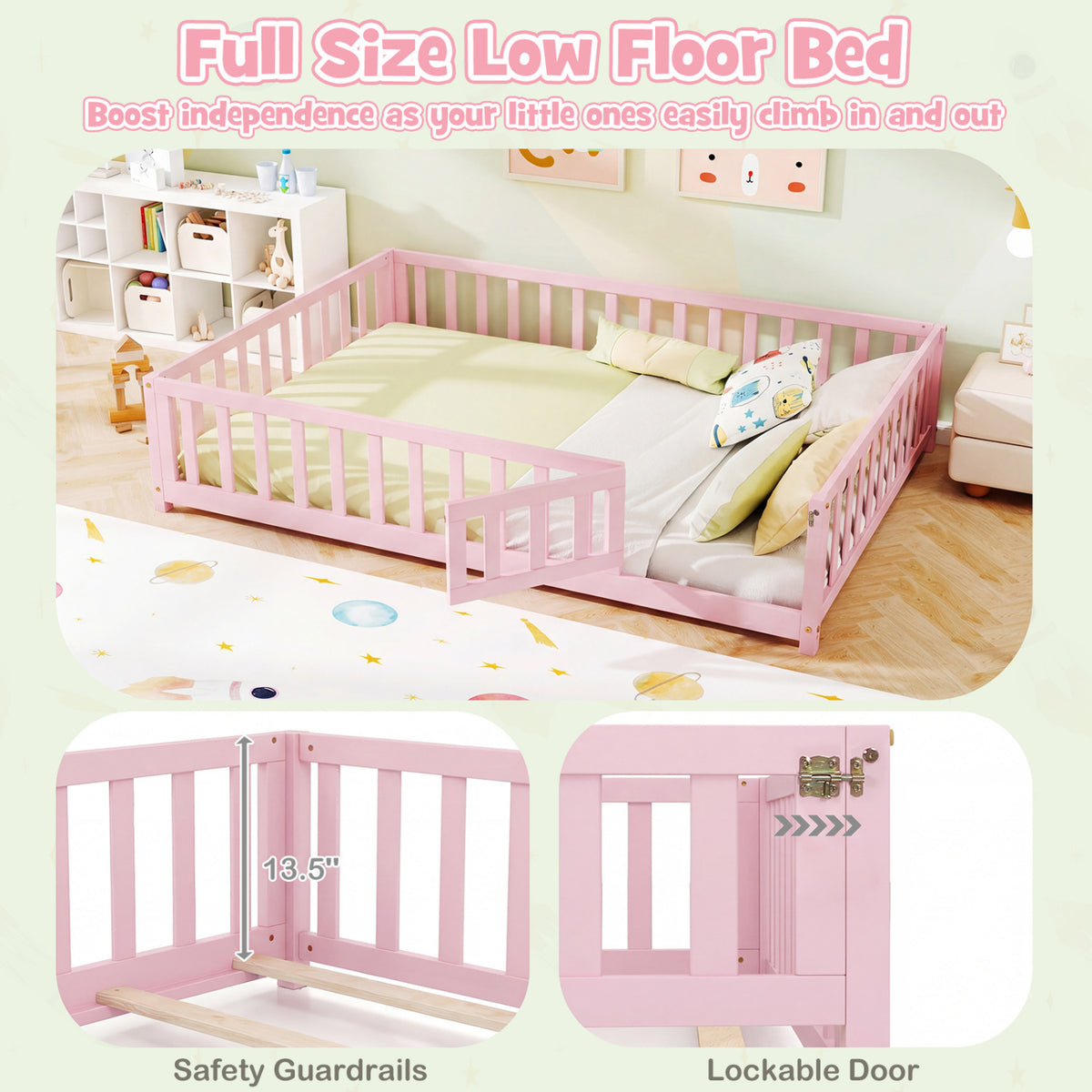 Montessori Bed Frame with Full-length Guardrails Safety Door and Latch-Pink