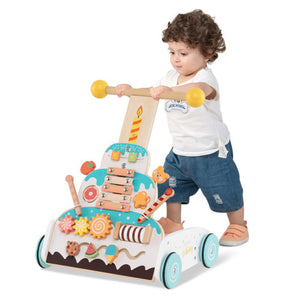 Wooden Baby Walker with Adjustable Heights and Smooth Wheels-White