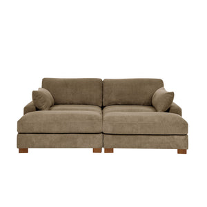 The Etta Avenue Mordecai 90'' Square Arm Sofa, a tan corduroy sectional featuring two wide seats, wooden legs, and two matching pillows on each side, is displayed against a plain white background.