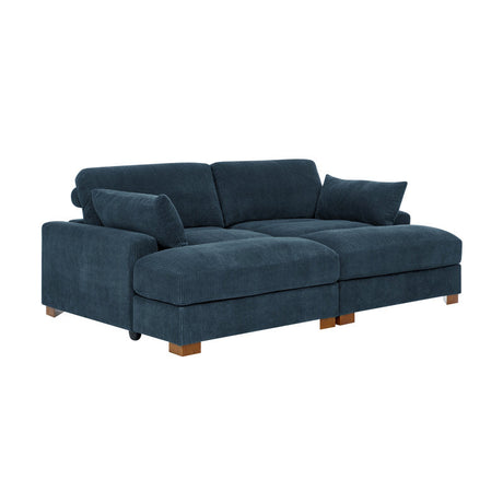 The Etta Avenue Mordecai 90'' Square Arm Sofa is a plush, L-shaped sectional in dark blue, featuring wooden legs and loose back cushions. Displayed against a white background, its soft, textured fabric enhances the comfort and modern design.