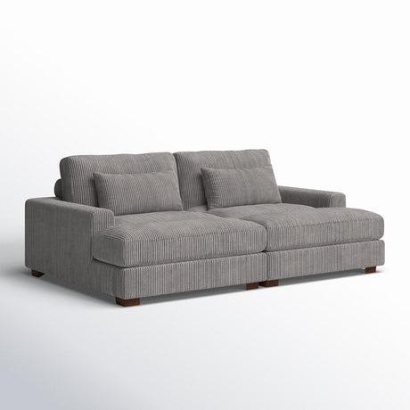 The Etta Avenue Mordecai 90'' Square Arm Sofa is a modern piece with a gray ribbed fabric texture, featuring two large seat cushions, two backrest cushions, and two smaller rectangular pillows. It has low arms and wooden legs, all set against a white background.