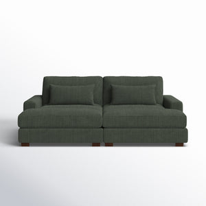 An Etta Avenue Mordecai 90'' Square Arm Sofa in green corduroy, featuring two large seat cushions and matching back cushions, set against a plain light background. This sofa offers a modern design with clean lines and a generous, comfortable seating area.