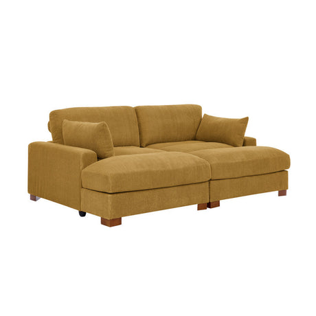 The Etta Avenue Mordecai 90'' Square Arm Sofa is a mustard-colored, two-seater couch featuring wide armrests and wooden legs. It is upholstered in textured fabric and comes complete with two matching cushions.