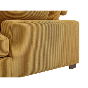 Close-up of an Etta Avenue Mordecai 90'' Square Arm Sofa in mustard-colored corduroy, showcasing a textured pattern on the armrest. This modern design features short, dark wooden legs and is set against a white background.