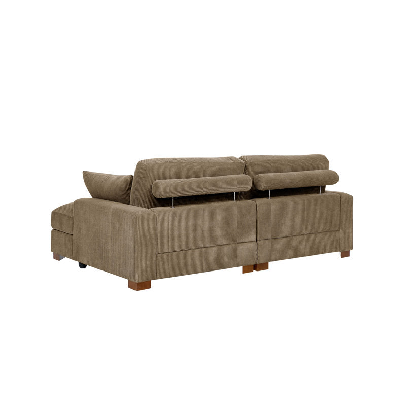 The Etta Avenue Mordecai 90'' Square Arm Sofa, featuring adjustable headrests, is seen from the back. Its fabric boasts a textured, corduroy-like appearance and it stands on wooden legs against a plain white background.