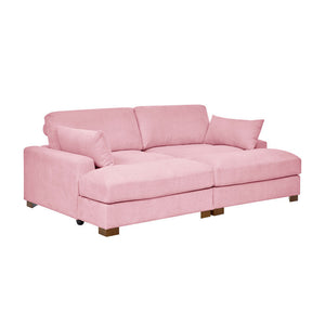 The Etta Avenue Mordecai 90'' Square Arm Sofa is upholstered in pink fabric and features two large seat cushions, two back cushions, and two armrest pillows. It also has wooden legs.
