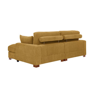 The Etta Avenue Mordecai 90'' Square Arm Sofa is displayed from the back, showcasing its mustard yellow hue, chaise lounge extension, textured fabric, adjustable headrests, and wooden block feet.