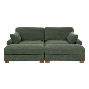 Introducing the Etta Avenue Mordecai 90'' Square Arm Sofa: a green upholstered sectional with stylish wooden legs. This sofa includes two large seats and comes with two matching green pillows on each side, all adorned in a textured, ribbed fabric design.