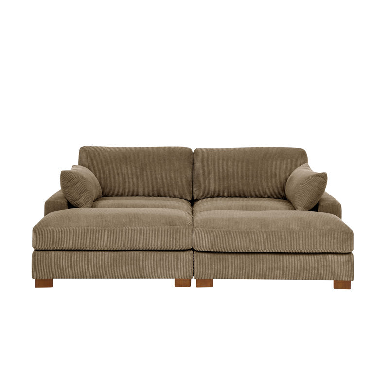 The Etta Avenue Mordecai 90'' Square Arm Sofa, a tan corduroy sectional featuring two wide seats, wooden legs, and two matching pillows on each side, is displayed against a plain white background.