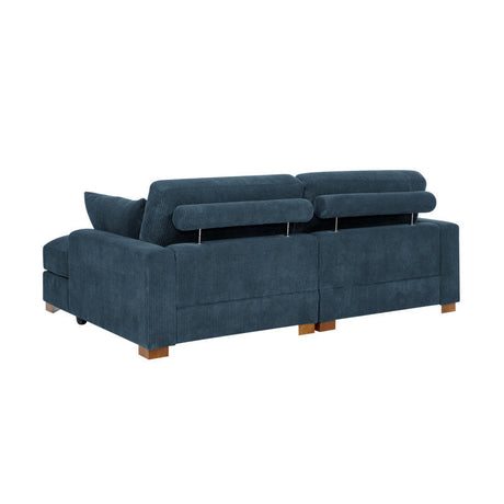 Back view of the Etta Avenue Mordecai 90'' Square Arm Sofa in dark green textured fabric, featuring wooden block legs and adjustable headrests.