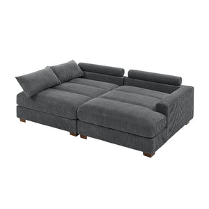 The Etta Avenue Mordecai 90'' Square Arm Sofa is a modular grey corduroy piece with low backrests and cushions. It boasts a square shape with deep seating, wooden block legs, and a plush, textured surface, offering comfort and relaxation.