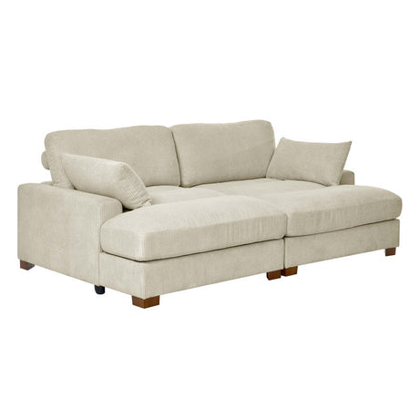 Introducing the Etta Avenue Mordecai 90'' Square Arm Sofa: an elegant L-shaped couch in light beige, featuring two spacious seat cushions and two plush back cushions. Accompanied by a matching throw pillow, this sofa is crafted with wooden legs and a soft, textured fabric for ultimate comfort and style.