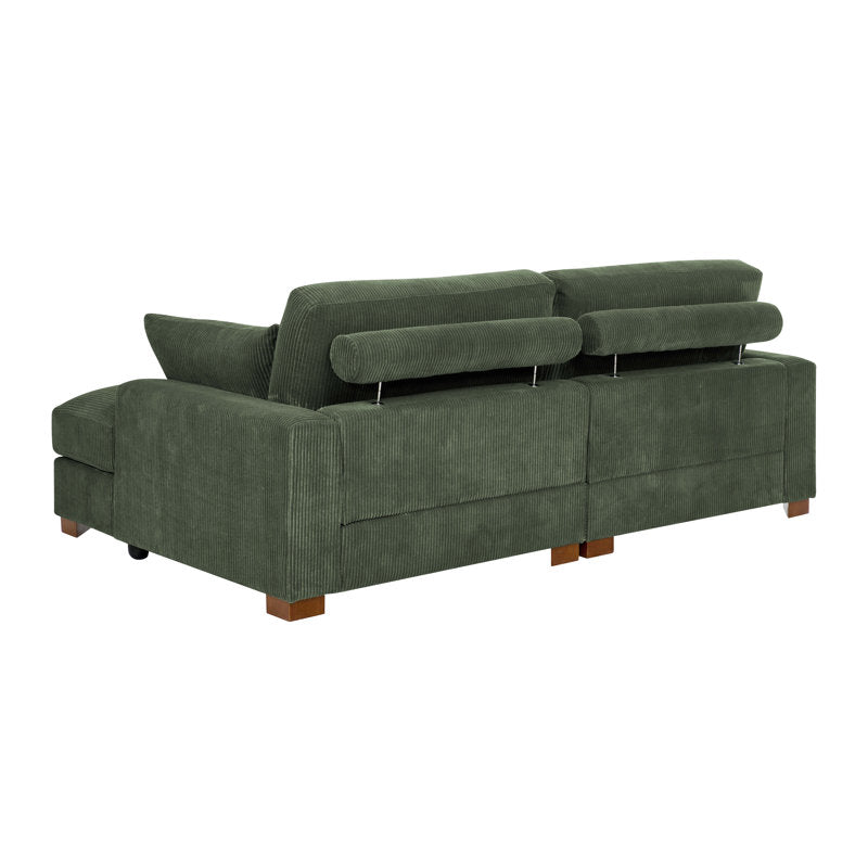 The Etta Avenue Mordecai 90'' Square Arm Sofa, in a green corduroy finish, is showcased from the back with its adjustable backrests. This stylish piece features wooden feet and boasts modern design lines.