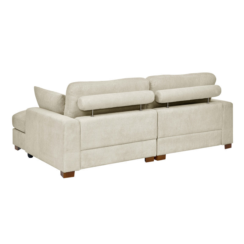 An Etta Avenue Mordecai 90'' Square Arm Sofa in beige, featuring a contemporary design with adjustable backrests and wooden legs, viewed from the back. The textured fabric covers its multiple connected segments.