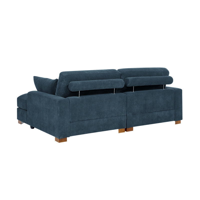 Back view of the Etta Avenue Mordecai 90'' Square Arm Sofa in dark green textured fabric, featuring wooden block legs and adjustable headrests.