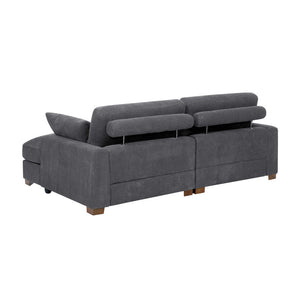 The Etta Avenue Mordecai 90'' Square Arm Sofa in gray features an L-shaped sectional design, adjustable headrests, wooden legs, and a plush appearance. This view showcases the sofa from the back angle.
