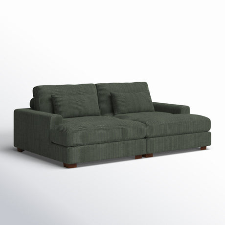 An Etta Avenue Mordecai 90'' Square Arm Sofa upholstered in dark green corduroy, featuring two spacious seat cushions, two back cushions, and two decorative pillows. The sofa showcases a modern design with wooden legs and is displayed against a plain white background.
