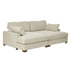Introducing the Etta Avenue Mordecai 90'' Square Arm Sofa: an elegant L-shaped couch in light beige, featuring two spacious seat cushions and two plush back cushions. Accompanied by a matching throw pillow, this sofa is crafted with wooden legs and a soft, textured fabric for ultimate comfort and style.