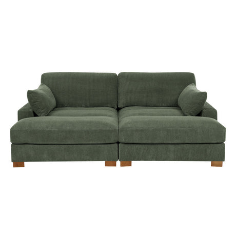 Introducing the Etta Avenue Mordecai 90'' Square Arm Sofa: a green upholstered sectional with stylish wooden legs. This sofa includes two large seats and comes with two matching green pillows on each side, all adorned in a textured, ribbed fabric design.