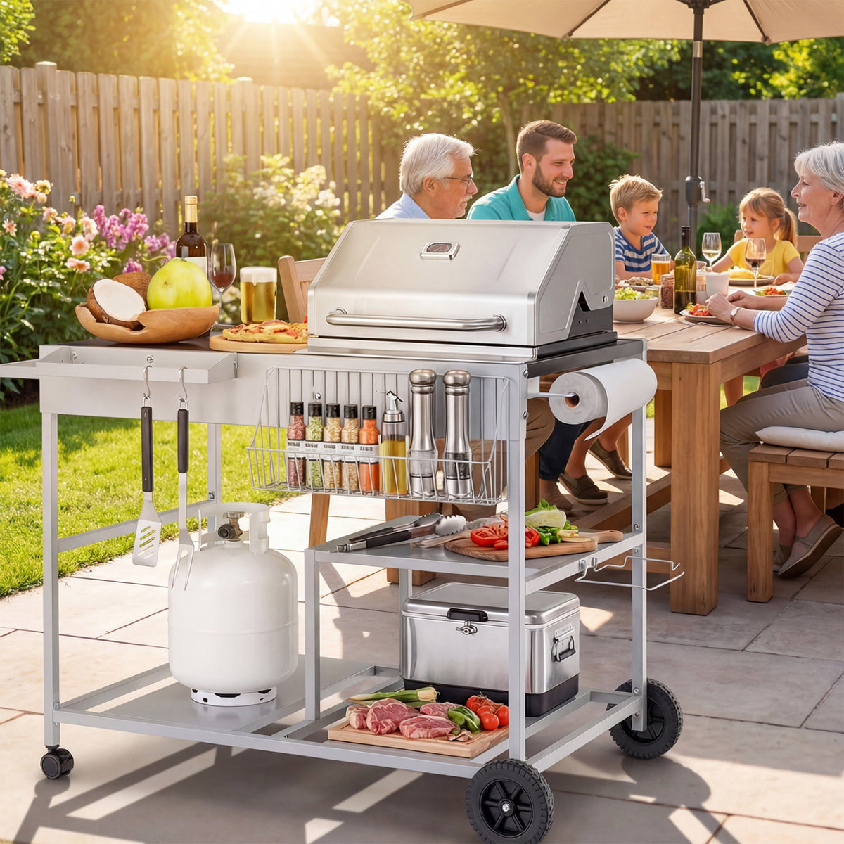Movable Grill Table with 2 Spice Containers and Station for Backyard and BBQ-Black