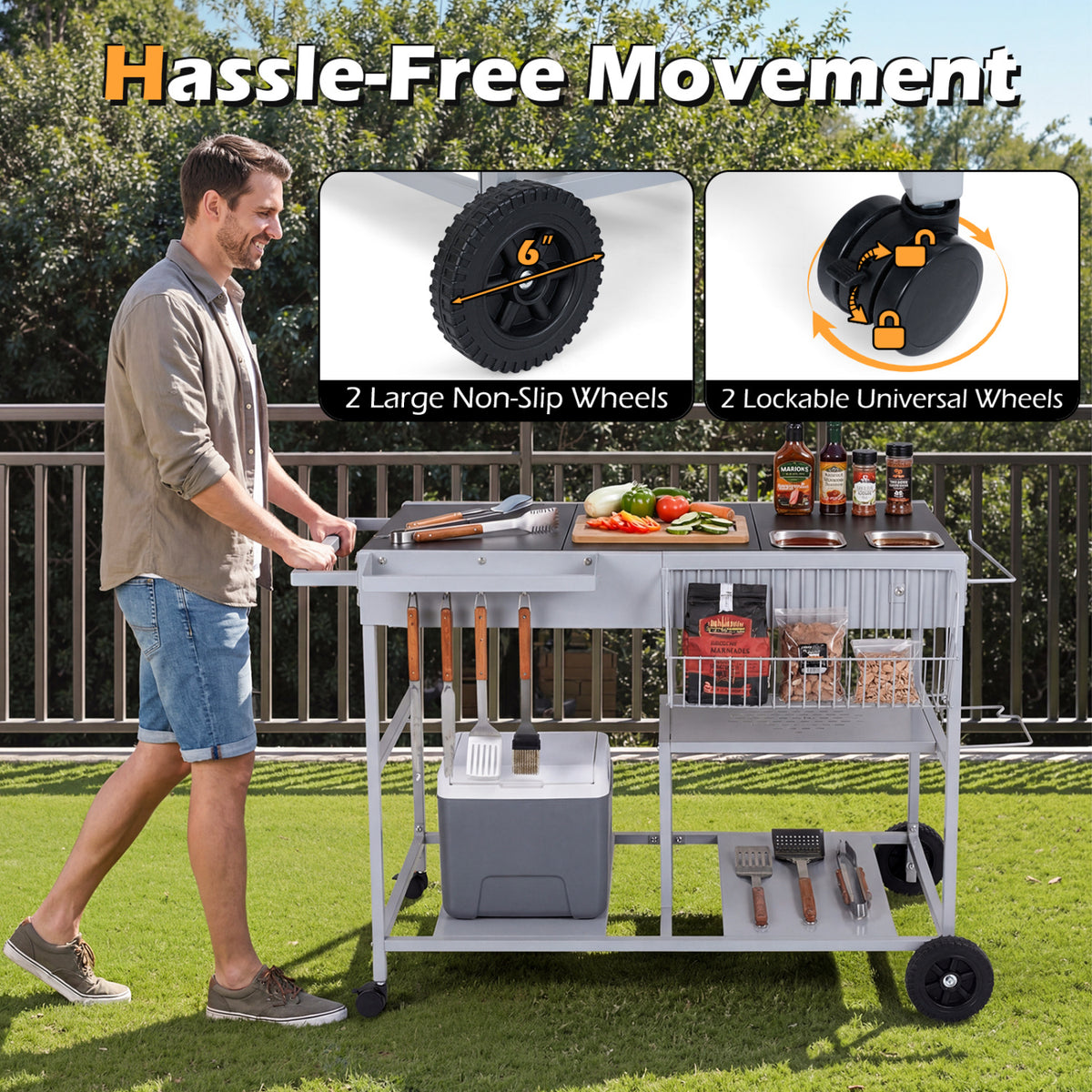 Movable Grill Table with 2 Spice Containers and Station for Backyard and BBQ-Black