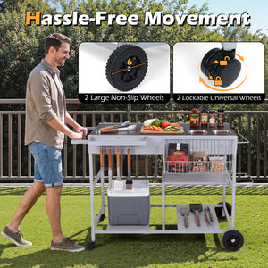 Movable Grill Table with 2 Spice Containers and Station for Backyard and BBQ-Black