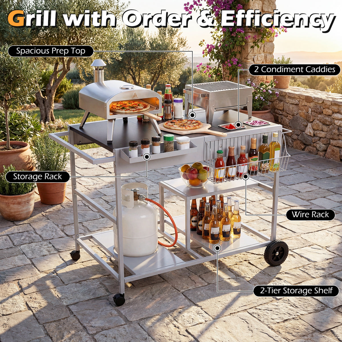 Movable Grill Table with 2 Spice Containers and Station for Backyard and BBQ-Black