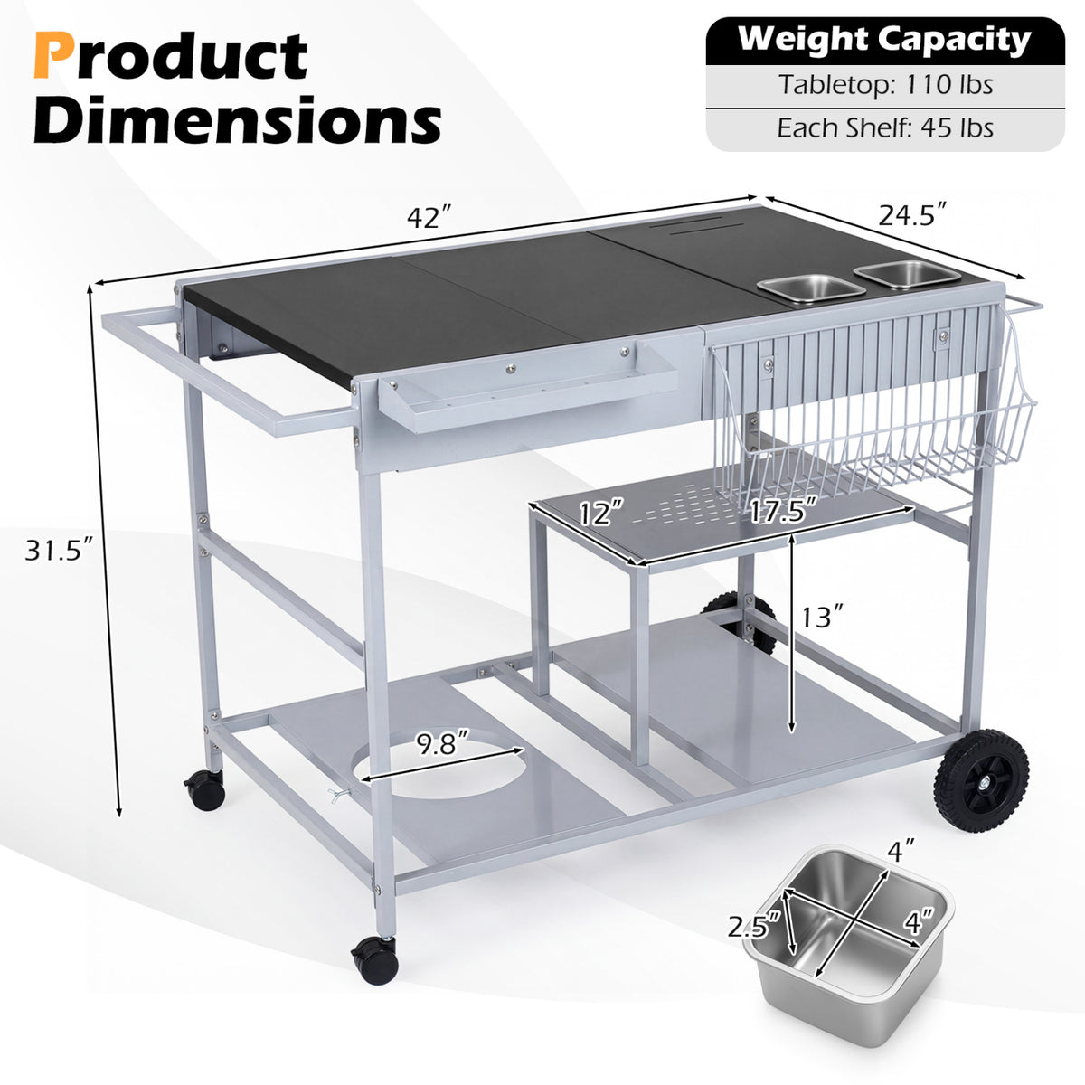 Movable Grill Table with 2 Spice Containers and Station for Backyard and BBQ-Black