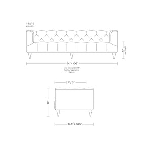 A line drawing of the Ms. Chesterfield Leather Custom Sofa with dimensions. The sofa width ranges from 74" to 106", the height is 30", and the arm width is 7.5". The associated ottoman measures 27"/31" in width, stands at a height of 28", and has a depth of 34.5"/38.5". Text notes that pieces under 79" have four legs.