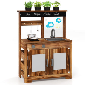 Mud Kitchen Fir Wood Play Kitchen with 4 Panting Pots Faucet Removable Sink-Natural