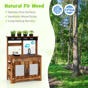 Mud Kitchen Fir Wood Play Kitchen with 4 Panting Pots Faucet Removable Sink-Natural