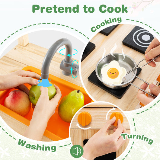 Mud Kitchen Fir Wood Play Kitchen with Canopy and Sink and 4 Stoves-Natural