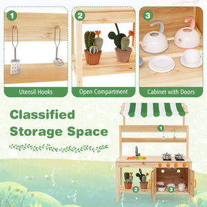Mud Kitchen Fir Wood Play Kitchen with Canopy and Sink and 4 Stoves-Natural