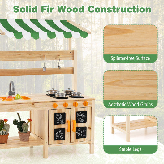 Mud Kitchen Fir Wood Play Kitchen with Canopy and Sink and 4 Stoves-Natural