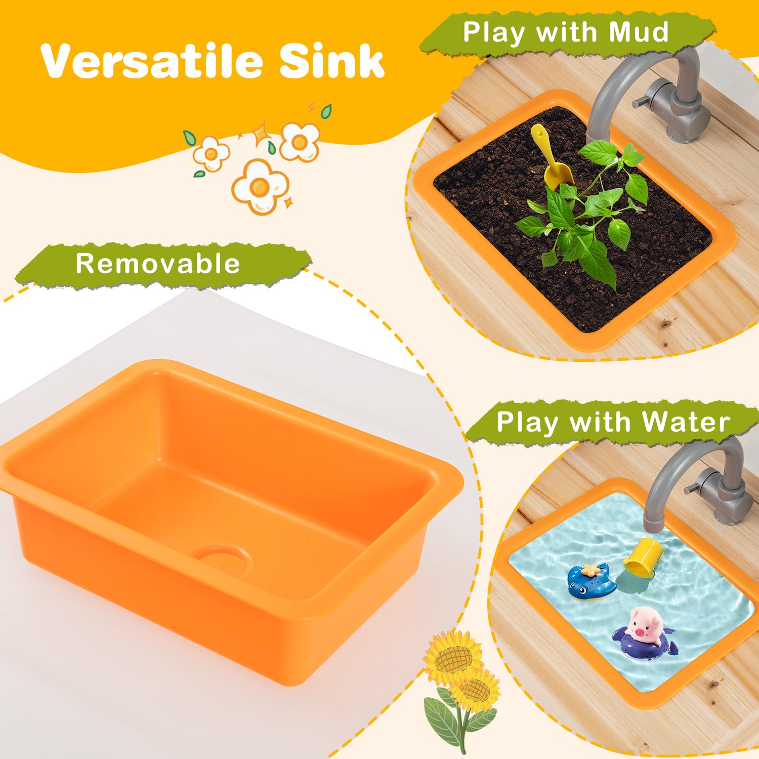 Kids Mud Kitchen Fir Wood Playset with Planting Pots and Blackboards-Natural