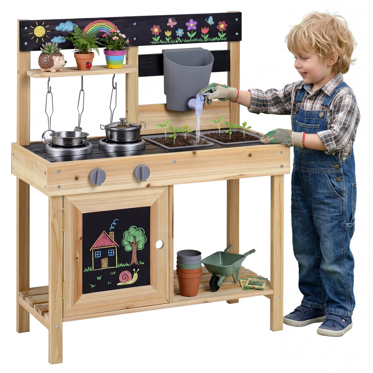 Mud Kitchen Playset Kids Play Kitchen Outdoor with 2 Removable Sinks-Natural