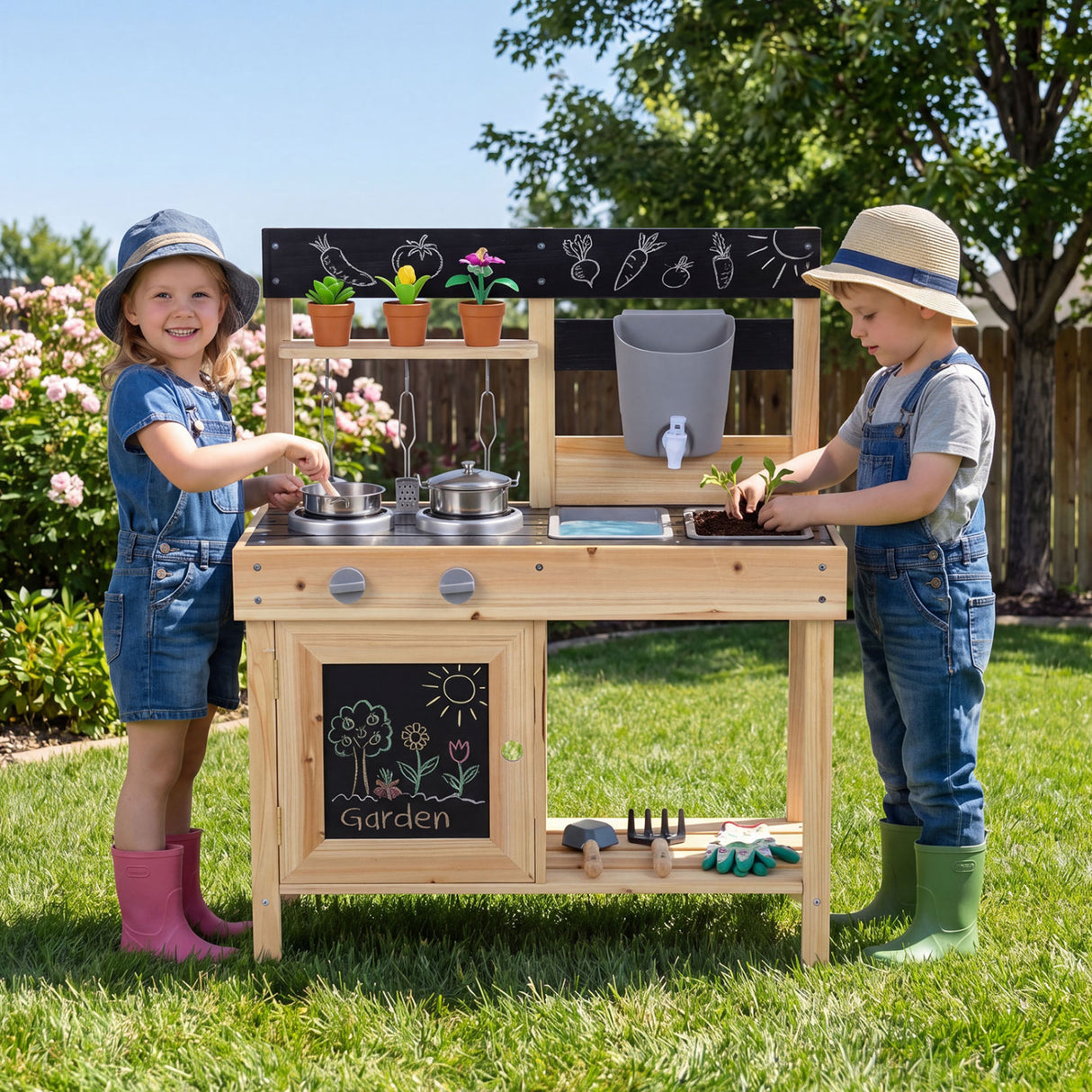 Mud Kitchen Playset Kids Play Kitchen Outdoor with 2 Removable Sinks-Natural
