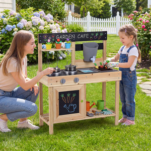Mud Kitchen Playset Kids Play Kitchen Outdoor with 2 Removable Sinks-Natural