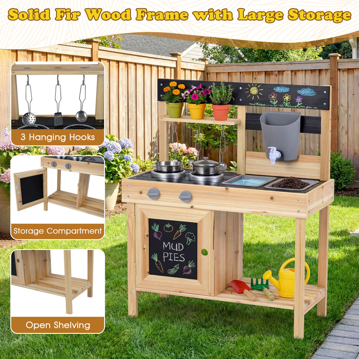 Mud Kitchen Playset Kids Play Kitchen Outdoor with 2 Removable Sinks-Natural