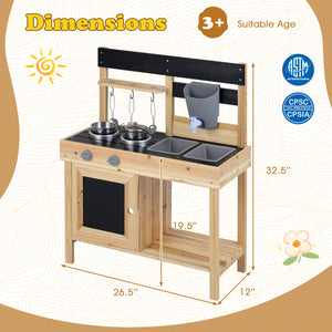 Mud Kitchen Playset Kids Play Kitchen Outdoor with 2 Removable Sinks-Natural
