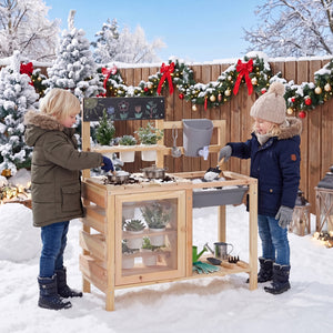 Mud Kitchen Playset with Sink and Plants Observation Room-Natural